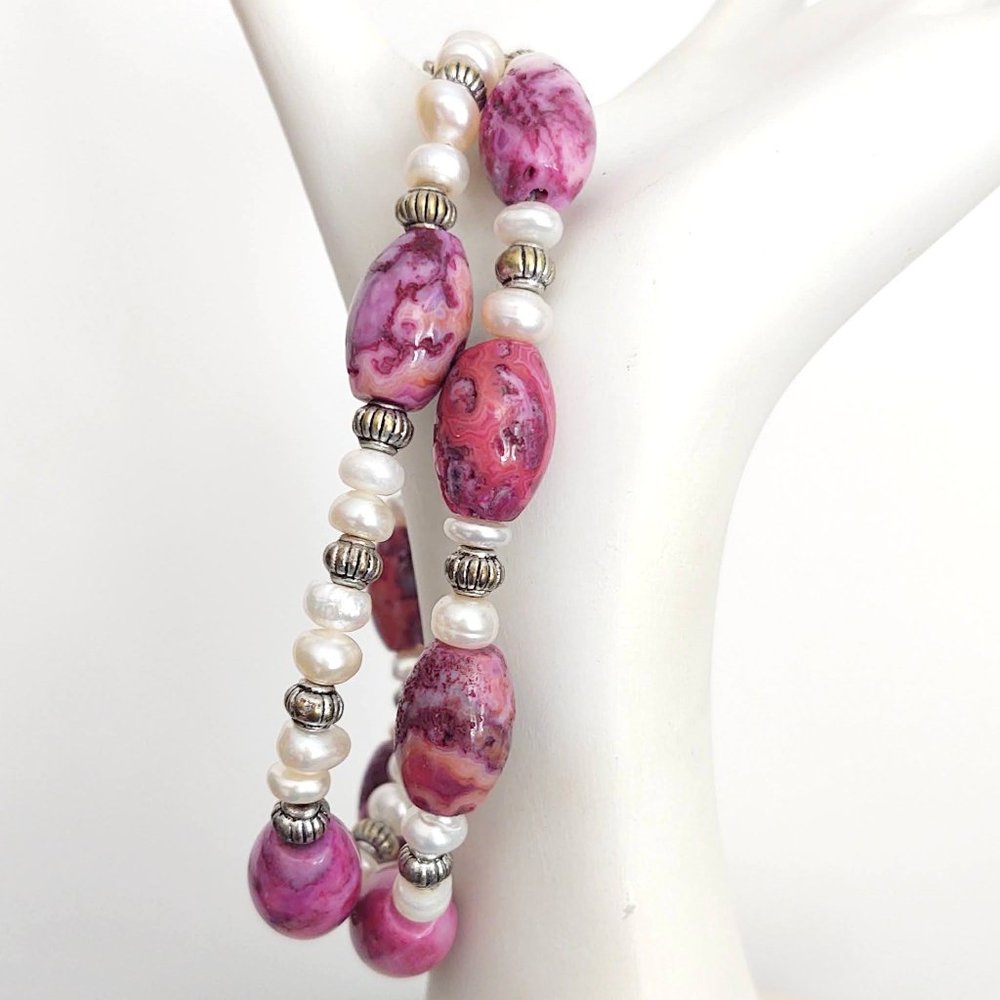 Ceramic, stone and faux pearl double strand bracelet